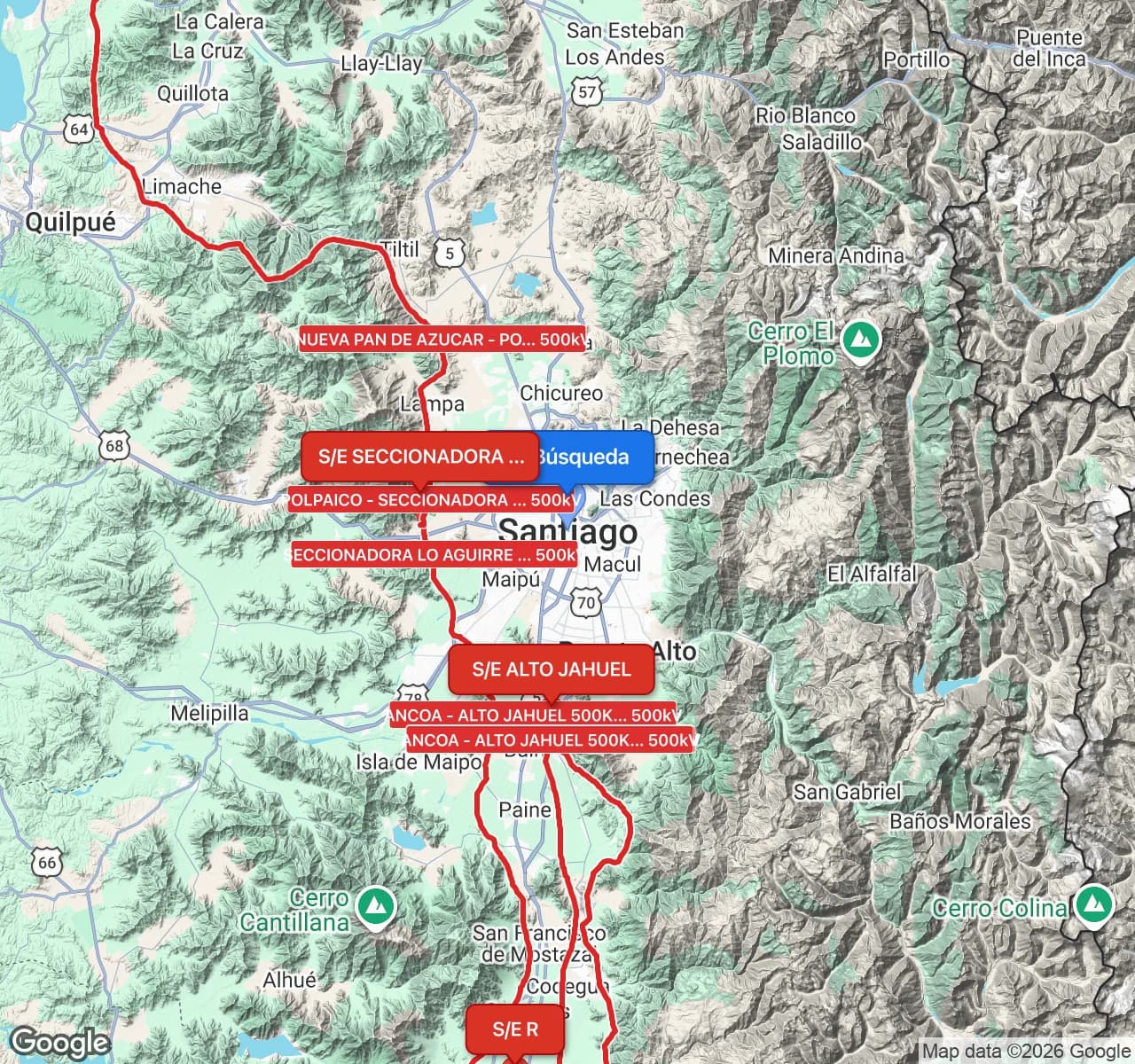 500kV substations near Santiago - geospatial search