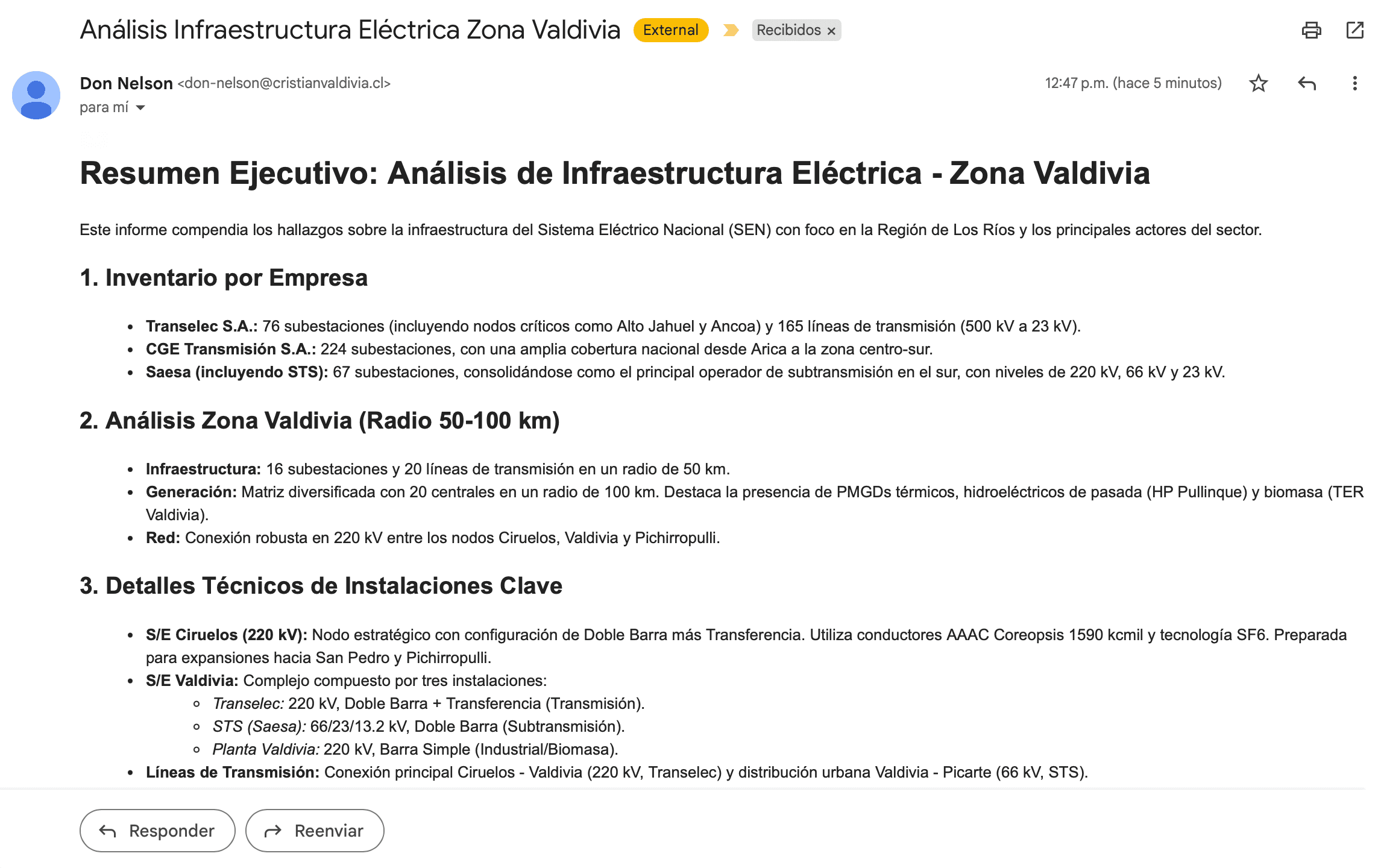 Correo recibido con el resumen ejecutivo