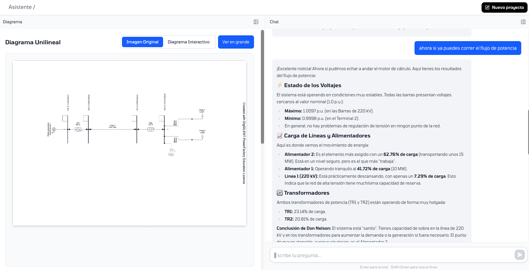 DN ejecutando un flujo de potencia en PowerFactory